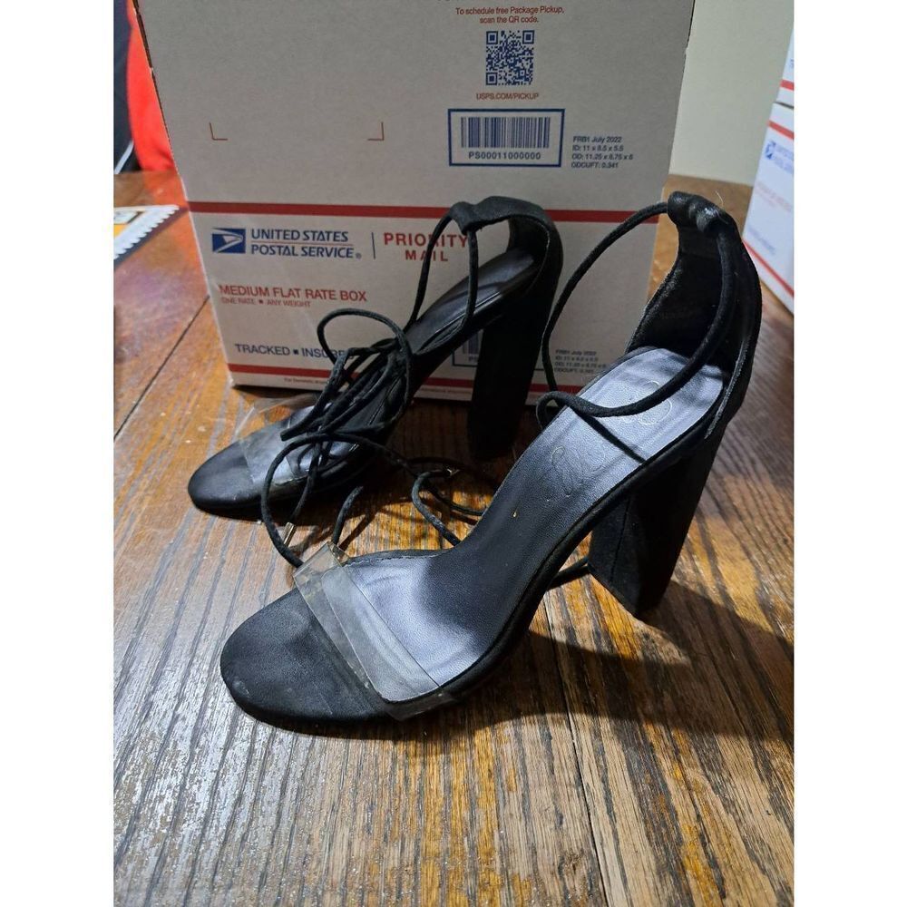 Size 9 So Me Black Transparent Chunky Heel Open Toe Lace Up High Heel Dress Shoe